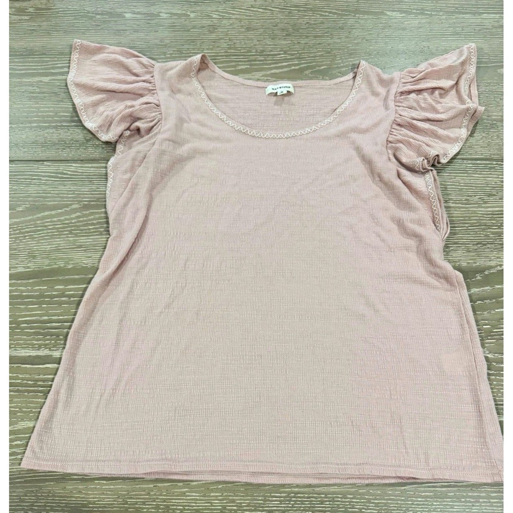 Max Studio Women's M Pink Knit Round Neck Flutter Sleeve Pullover Ruffle Top